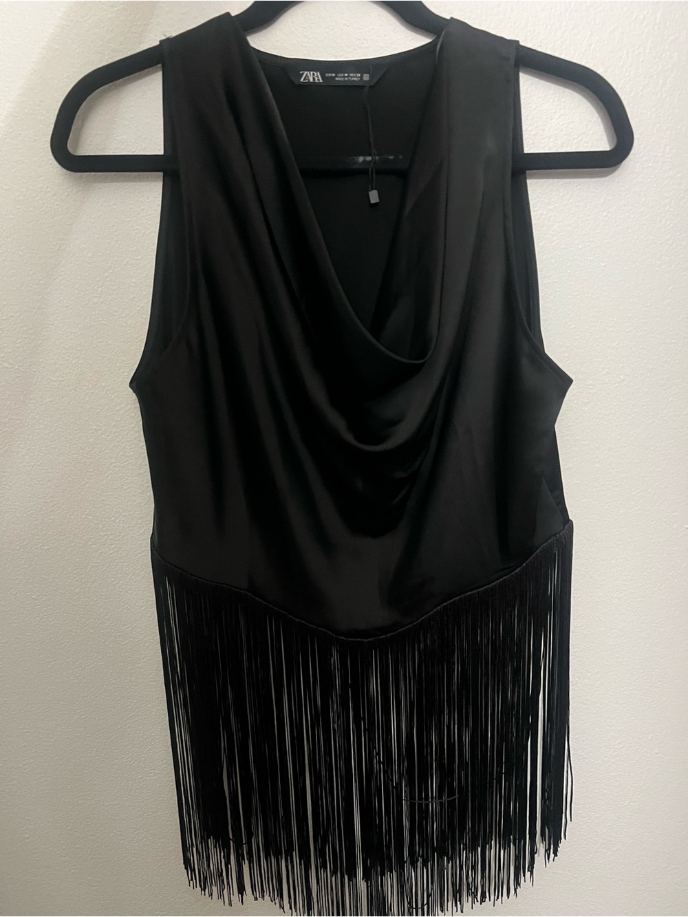 Zara Black Sleeveless Draped Fringe Tank Top